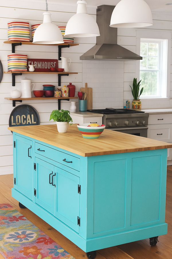 Blue Industrial Kitchen Island On Wheels